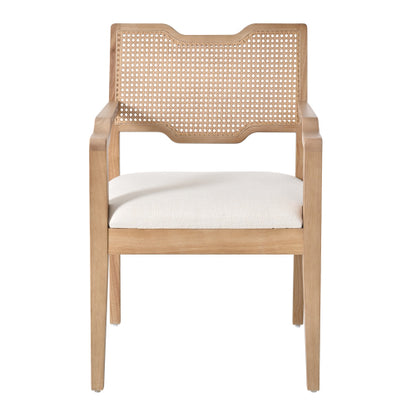 Set of 2 Natural Rubber Wood Farmhouse Rattan Back Arm Dining Chairs, Beige Fabric Upholstered 300 LBS Capacity