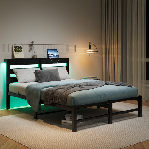 Full Size Metal Bed Frame with Wooden Headboard, RGB Lights, Outlets & Charger, Storage Shelf, Noise-Free, No Box Spring Needed