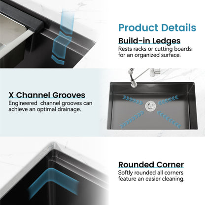 Stainless Steel Kitchen Sink, 33″x19″ Single Bowl, Undermount Handmade Sink in Brushed, with Cutting Board, Colander