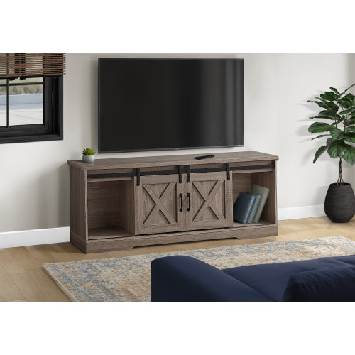 60 Inch Dark Taupe Modern Farmhouse TV Stand with Sliding Barn Doors & Adjustable Shelf