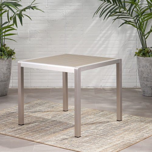 Outdoor Dining Anodized Aluminum-Faux Wood Table Top-Square Gray-35, Silver + Gray