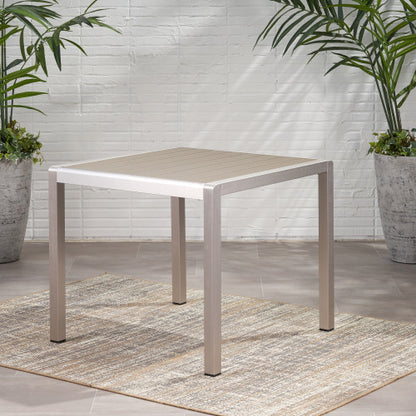 Outdoor Dining Anodized Aluminum-Faux Wood Table Top-Square Gray-35, Silver + Gray