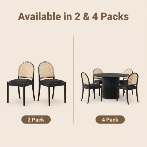 Set of 2 Rattan Dining Chairs with Teddy Upholstered Seat, Wood Legs, Black Kitchen Chairs