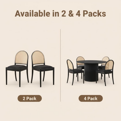 Set of 2 Rattan Dining Chairs with Teddy Upholstered Seat, Wood Legs, Black Kitchen Chairs