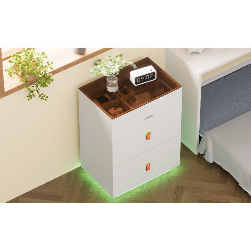 3-Drawer 30'' Nightstand with  LED Light, Modern Nightstand with 3 Storage Drawers, Bedside Table with Glass Top Jewelry Storage and Faux Leather Handles for Bedroom, Livingroom, Cloakroom, White