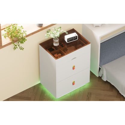 3-Drawer 30'' Nightstand with  LED Light, Modern Nightstand with 3 Storage Drawers, Bedside Table with Glass Top Jewelry Storage and Faux Leather Handles for Bedroom, Livingroom, Cloakroom, White