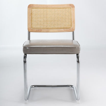 Set of 2 Mid-Century Cane Rattan Dining Chairs, Solid Wood Frame, Olive Faux Leather Seat, Cantilever Chrome Metal Base