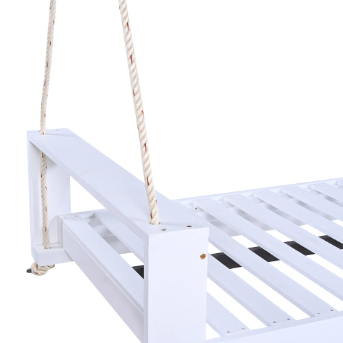 Twin Size Porch Swing Bed Seating Group, Patio Acacia Wood Swing Frame with Hemp Ropes for Garden, Backyard, White
