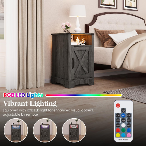 LED Nightstand Set of 2 with Charging Station, Farmhouse End Table with Storage