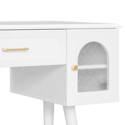 White Multi Purpose Vanity Table & Stool Set, Built in 2 Outlet & 2 USB Charging Port, Carved Glass Cabinet