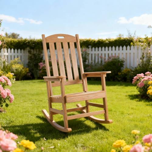 Rocking chair teak color, suitable for all seasons: Outdoor lounge chair, made of sturdy HIPS material, equipped with 304 stainless steel accessories.