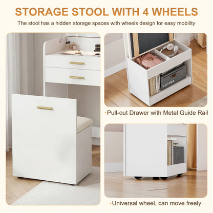 Flip-top Vanity Table,Compact/Mini Vanity,Mirror-integrated Dressing Table,All-in-one Storage Cabinet,Makeup Vanity Set with Stool