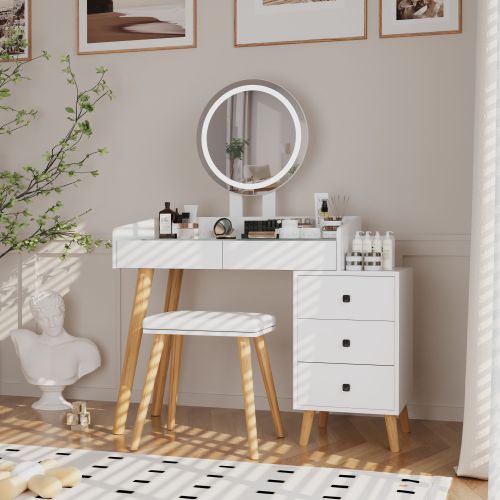 White LED Vanity Desk with Glass Top & Extendable Side Table, 5 Drawers, Mirror & Stool, Padded Leather Seat