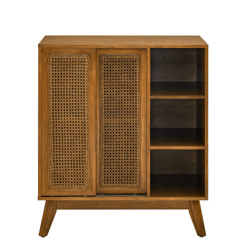 Mid Century Rattan Sideboard Cabinet with Adjustable Shelves and Wood Legs Light Wood