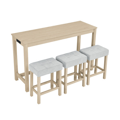 59 Inch Bar Table, Dining Table, Sofa Table with Power Outlet, 3 Upholstered Stools, 4 Piece Bar Table and Chair Set for Living Room, Dining Room, Kitchen