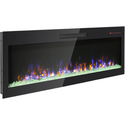 50 inch recessed ultra thin tempered glass front wall mounted electric fireplace with remote and multi color flame & emberbed, LED light heater
