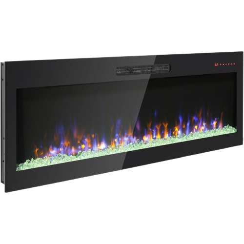 60 inch recessed ultra thin tempered glass front wall mounted electric fireplace with remote and multi color flame & emberbed, LED light heater