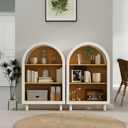 Set of 2 White Woodgrain 3-Tier Elegant Arched Top Storage Bookcase