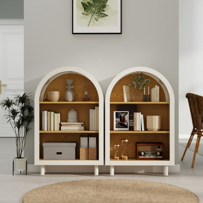 Set of 2 White Woodgrain 3-Tier Elegant Arched Top Storage Bookcase