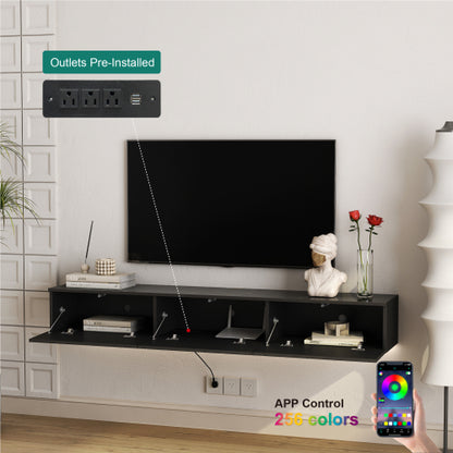 67 Inch Black Wall Floating LED TV Console 16 Color Ambient Light Wall Mount Media Cabinet for 65 Inch TV