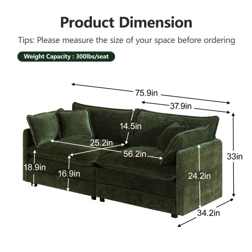 Green Chenille Modern Deep-Seat Loveseat Sofa with 4 Throw Pillows