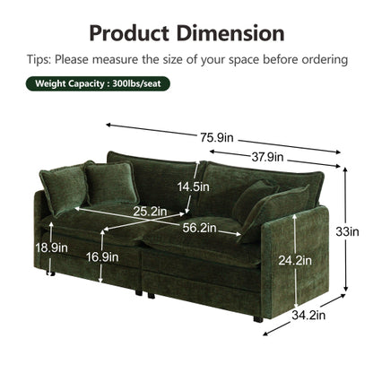 Green Chenille Modern Deep-Seat Loveseat Sofa with 4 Throw Pillows