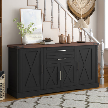 63 inch Farmhouse Barn Door Storage Cabinet with 2 Drawers & Door Rack, Large Buffet Table Coffee Bar Cabinets with Adjustable Shelves for Kitchen, Living Room, Entryway, Dining Room, Black