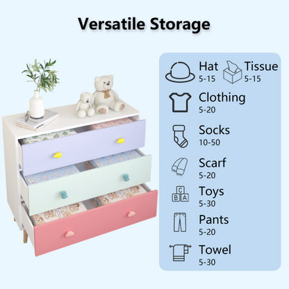 Kids 3 Drawer Dresser, Colorful Baby Nightstand Storage Cabinet, Toddler Bedroom Chest with Cartoon Pulls