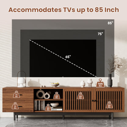 78.7 inch Walnut Slatted Door TV Stand Deep Drawers Solid Rubber Wood Legs Holds 85 inch TV