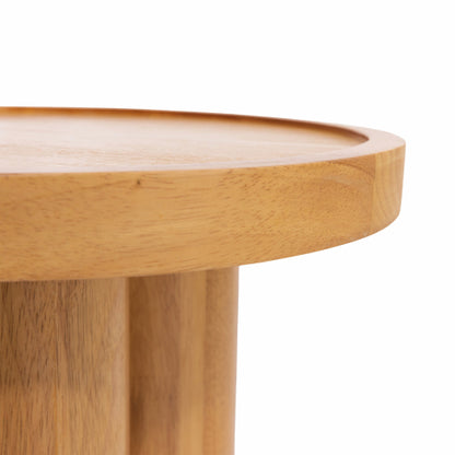 Round Solid Wood End Table Natural Oak Veneer Pedestal Side Table
