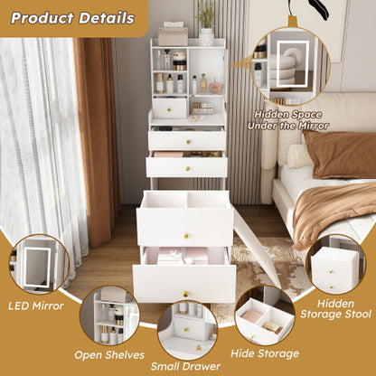 White 3-in-1 Dressing Table with LED Mirror & Storage Stool, 4 Drawers, Storage Cabinet, Open Bookshelf