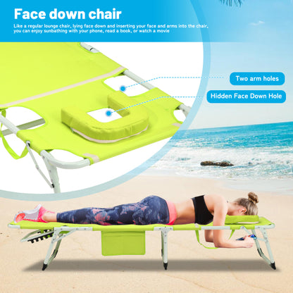 3-in-1 Heavy Duty Tanning Chair with Face Hole Adjustable 5-Position Folding Chaise Lounge Chairs for Outside Portable Lay Flat Beach Lounge Chair for Outdoor Sunbathing Patio Pool Lawn Camping Deck P