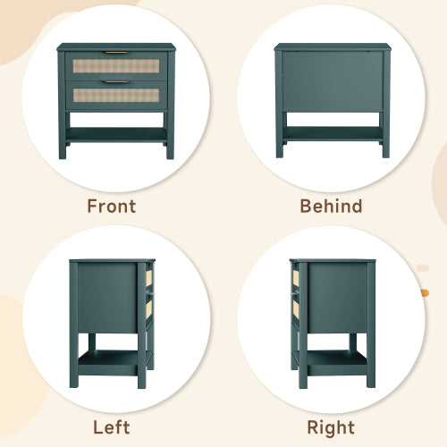 Rattan Nightstand with 2 Drawers and Storage Shelf Boho Bedside Narrow Side Table for Bedroom