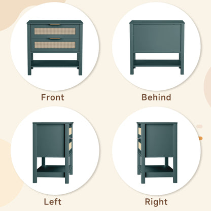 Rattan Nightstand with 2 Drawers and Storage Shelf Boho Bedside Narrow Side Table for Bedroom