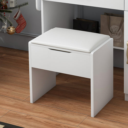 Vanity Desk with LED Mirror Lights and Power Outlet Charging Station, Makeup Dressing Table with 3 Drawers, 7 Shelves and Storage Stool, for Girls and Women (White)