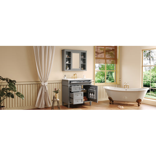 36'' Bathroom Vanity with Top Sink, Modern Bathroom Storage Cabinet with Mirror, 2 Drawers and a Tip-out Drawer, Mirror Cabinet with 6 Open Shelves, Single Sink Bathroom Vanity