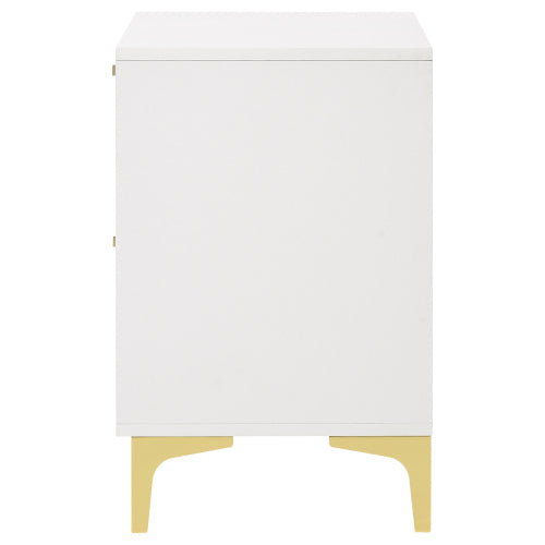 White and Gold 2-Drawer Nightstand, Modern Bedside Table with Gold Metal Accents