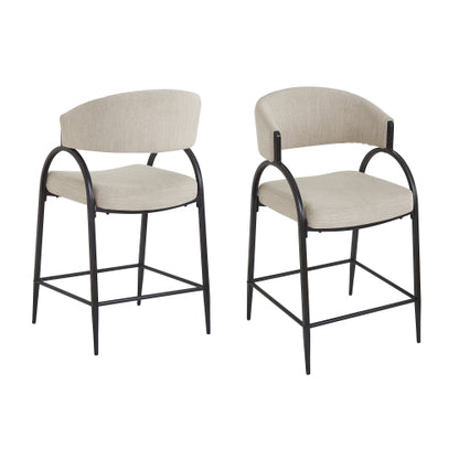 25inch  Seat Height Modern Fabric Bar Stools with Back, Black Metal Frame, Comfortable Counter Stools for Kitchen Island/Dining Room, Set of 2 (Beige)