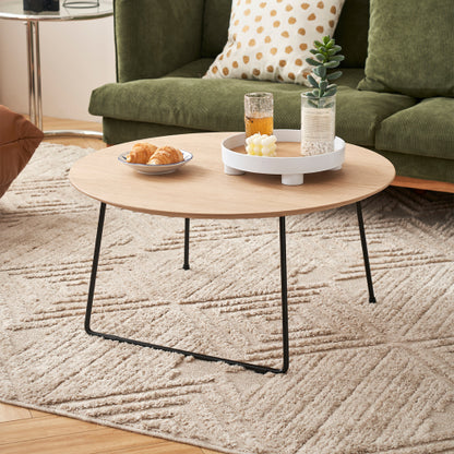 Round Oak Veneer Coffee Table with Carbon Steel Legs