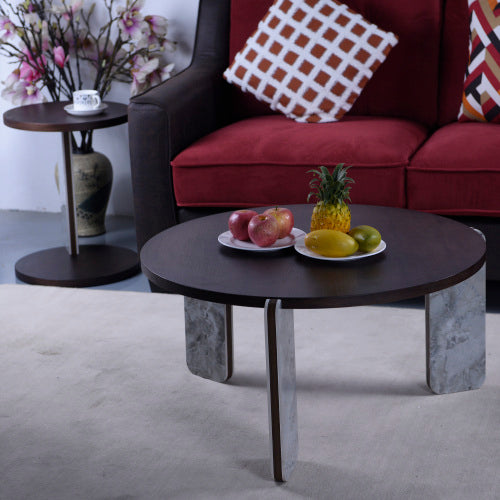 2-Piece Nesting Coffee Table Set, Walnut Veneer MDF Top with Sintered Stone Legs & Base