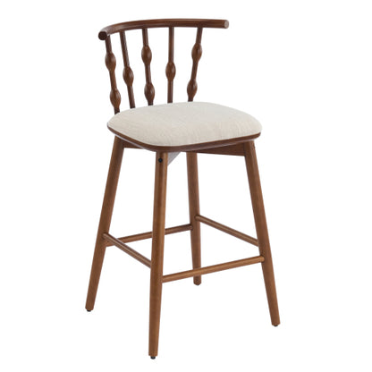 Indoor Wooden Barstool, Walnut Finish With Beige Upholstery, Set of 2