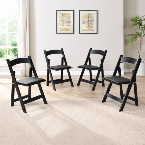 Set of 4 Folding Solid Wood Dining Chairs with PU Leather Cushions, Black Finish, Portable Seating