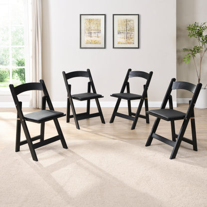 Set of 4 Folding Solid Wood Dining Chairs with PU Leather Cushions, Black Finish, Portable Seating