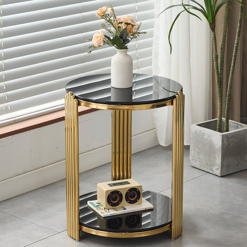 16.9inch  Double-Layer Black Tempered Glass & Gold Steel End Table