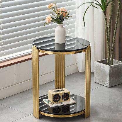 16.9inch  Double-Layer Black Tempered Glass & Gold Steel End Table