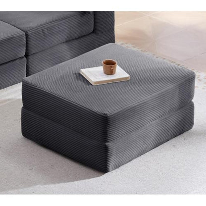 Grey Corduroy Modular Compression Ottoman, Spring Padding No-Assembly Multi-Use Floor Seat for Living Room
