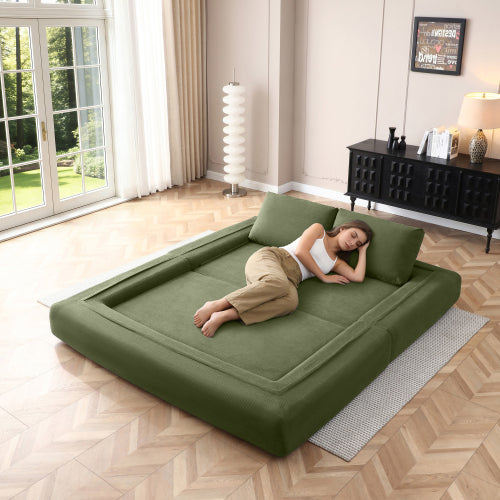 Green 81 inch  3-in-1 Corduroy Convertible Floor Sofa Bed, Boneless Futon