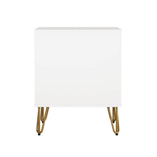White Modern Nightstand, 2 Drawers & Metal Legs