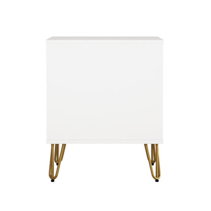 White Modern Nightstand, 2 Drawers & Metal Legs