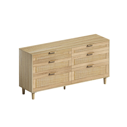 Natural Tone 6-Drawer Rattan Bedroom Storage Dresser With Metal Handle